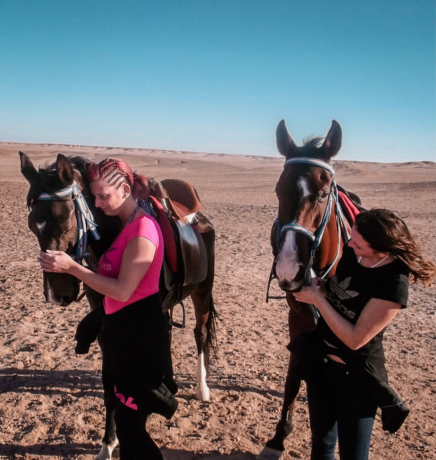 Bloginhaberin Jacky und ihre Schwester mit Pferden in der Wüste in Ägypten